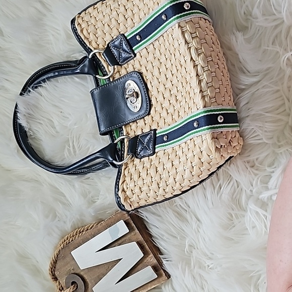 Chaps Tan Woven Purse with Navy Blue and Green Trim and Silver Tone Hardware - Picture 1 of 14
